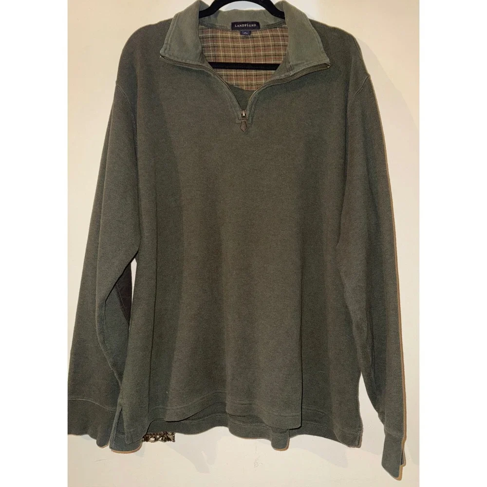 Lands End Mens Quarter Zip Sweatshirt Olive‎ Green Plaid Lined Elbow Patches XL